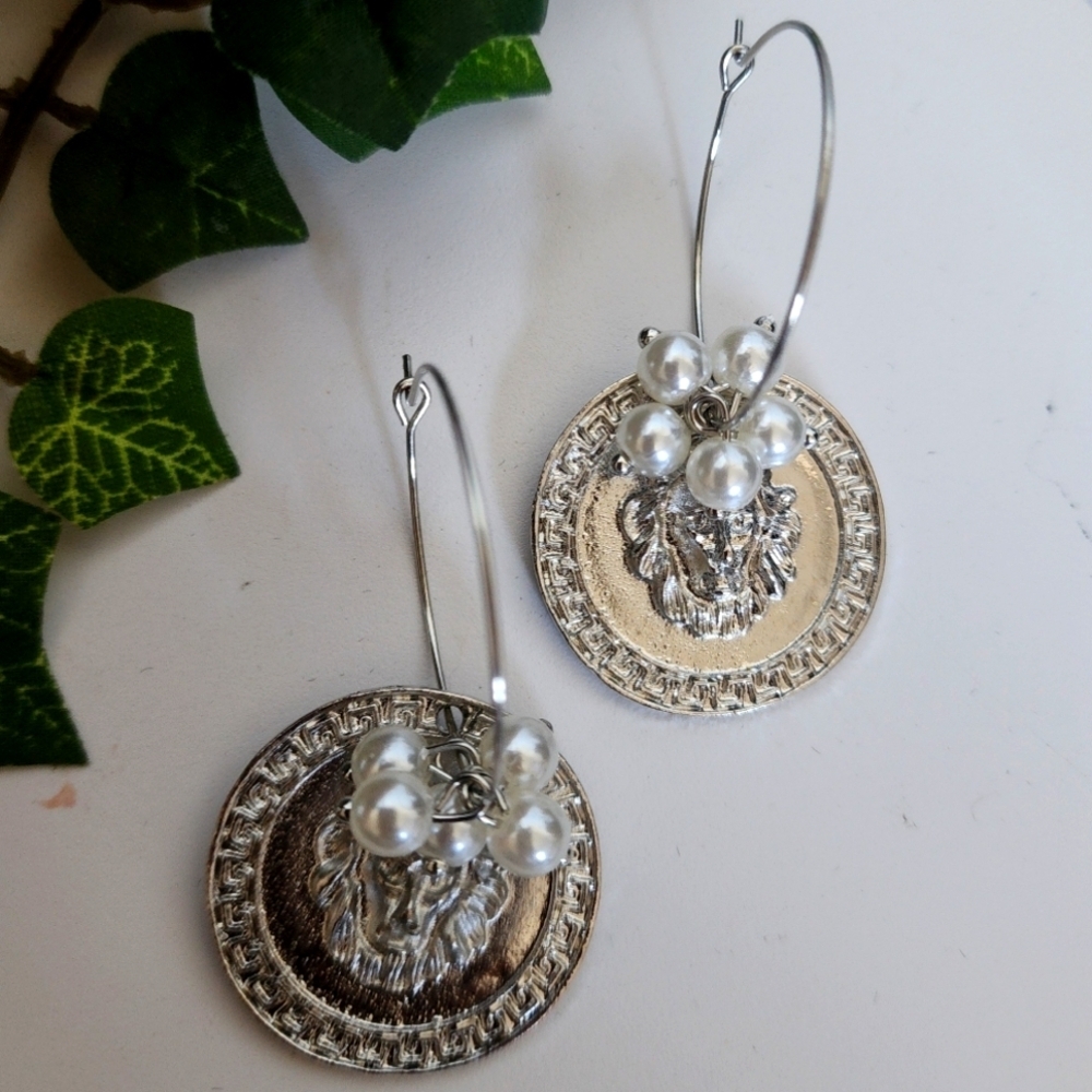 Silver Lion Head with Greek Key Design Drop Earrings